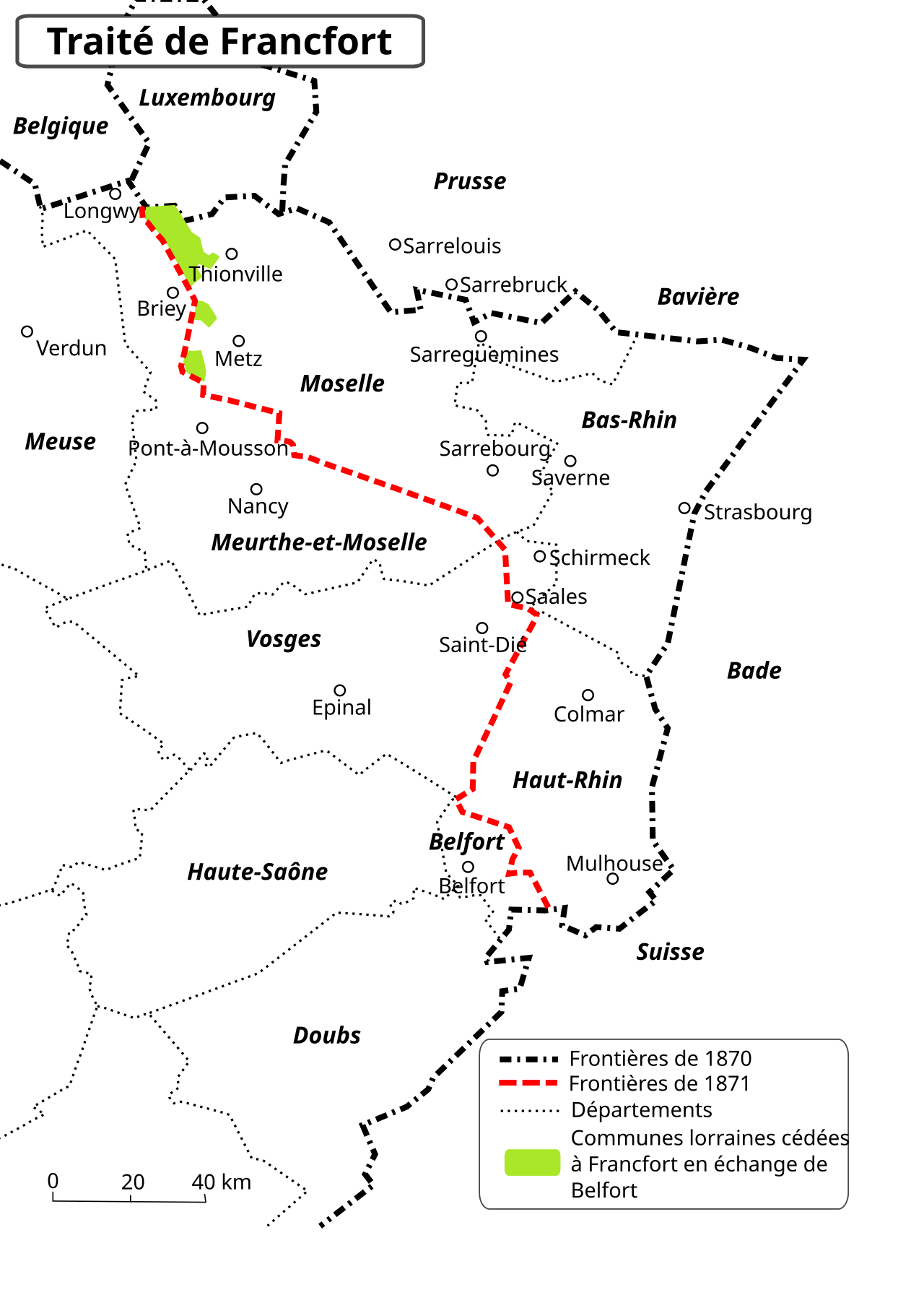 La France apr&egrave;s le Trait&eacute; de Francfort de 1871 &copy; Romain0, d&rsquo;apr&egrave;s Fran&ccedil;ois Roth, La guerre de 70, Fayard, 1990