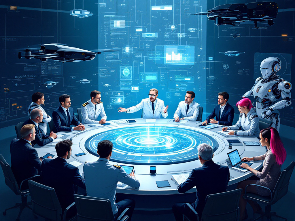 « Cette illustration représente un sommet futuriste sur l'intelligence artificielle, avec des scientifiques, des politiciens (sic) et des militaires réunis autour de technologies liées à l'IA, symbolisant la collaboration et l'innovation dans ce domaine. » - généré à l'aide de l'IA sur Le Chat de MistralAI après lui avoir demandé de trouver une illustration pour cet article.