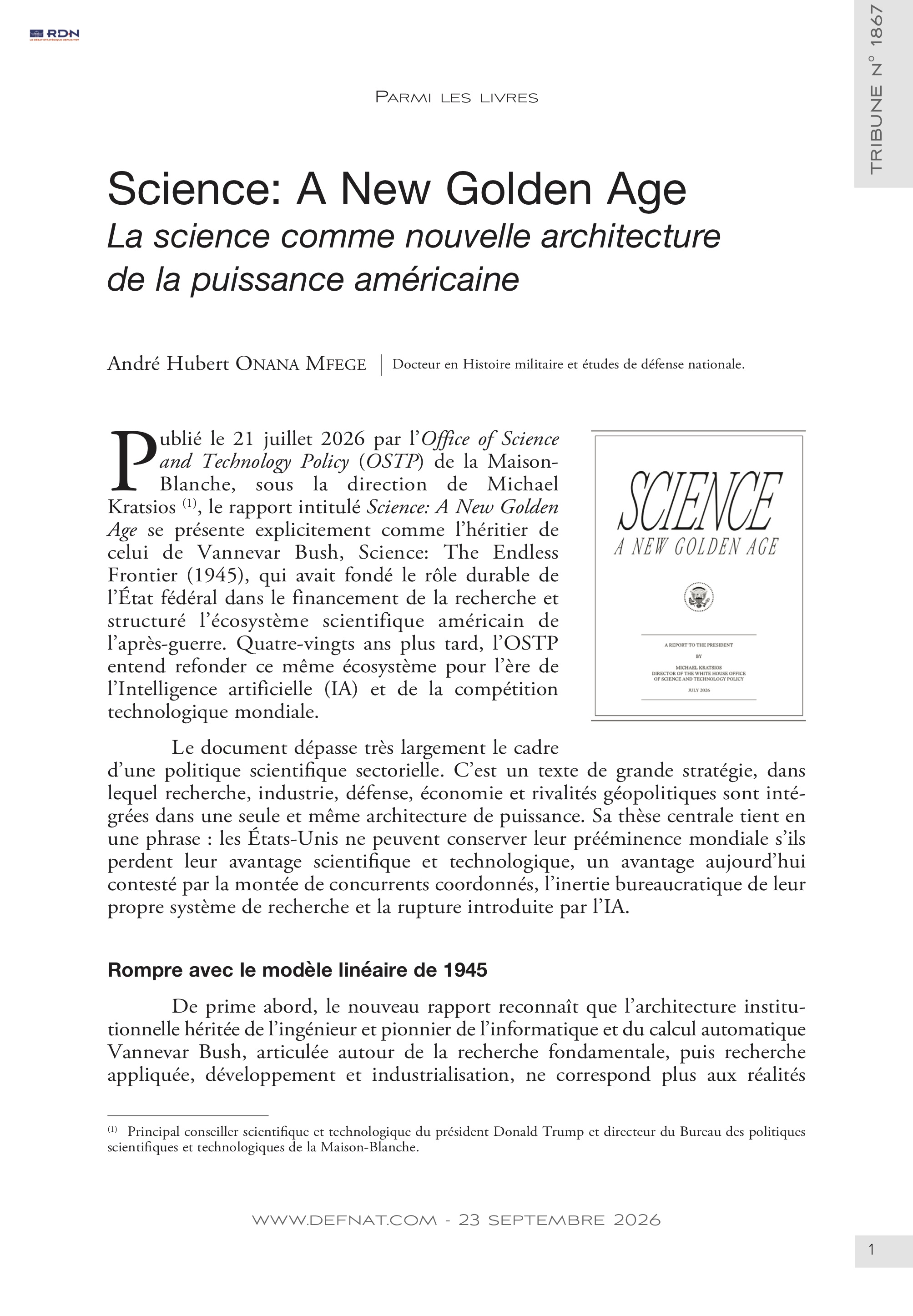 Parmi les livres - Science: A New Golden Age -&nbsp;La science comme nouvelle architecture de la puissance am&eacute;ricaine (T 1867)
