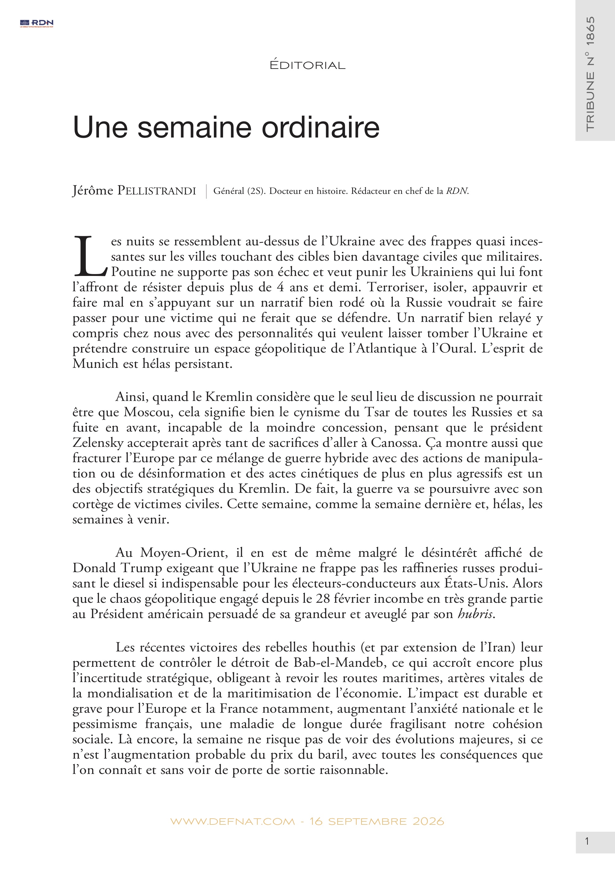 &Eacute;ditorial &ndash; Une semaine ordinaire (T&nbsp;1865)
