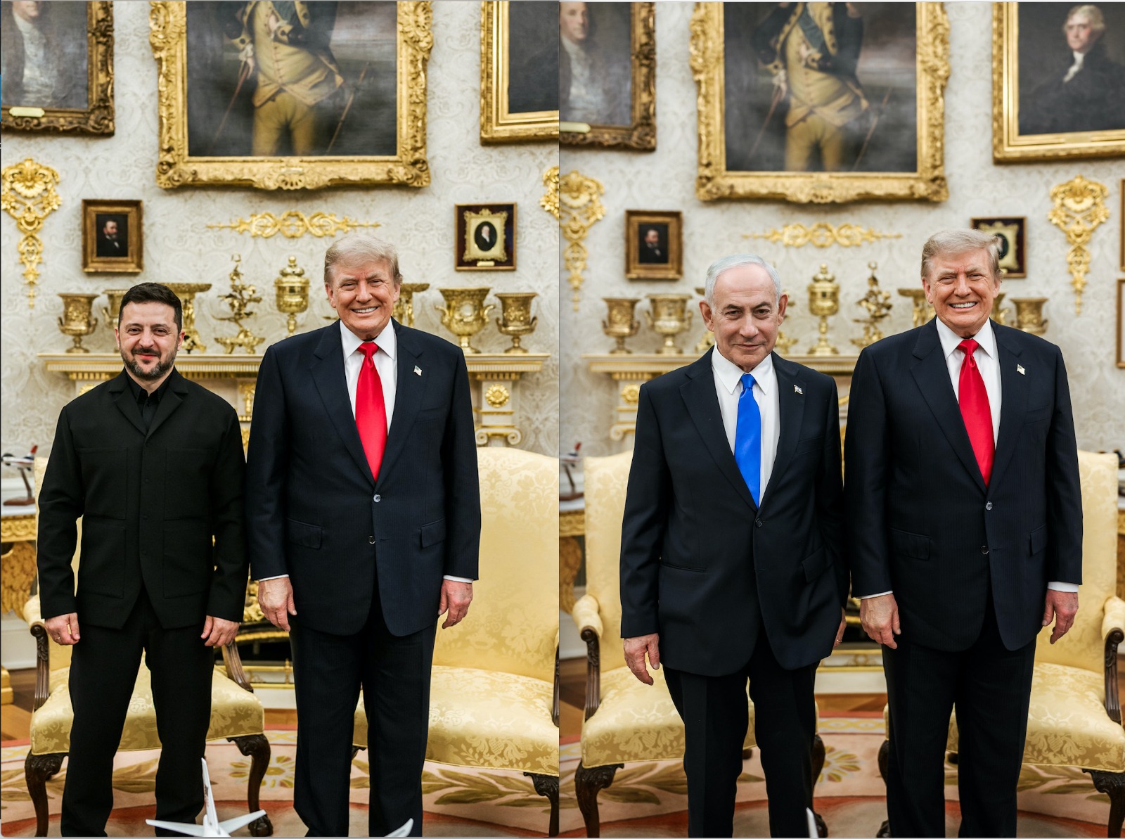 Le pr&eacute;sident Donald Trump rencontre le pr&eacute;sident ukrainien Volodymyr Zelensky (&agrave; gauche) et le Premier ministre isra&eacute;lien, Benjamin Netanyahou (&agrave; droite), le 28 juillet 2026, dans le Bureau ovale. (&copy; Photos officielles de la Maison Blanche par Daniel Torok/Flickr)
