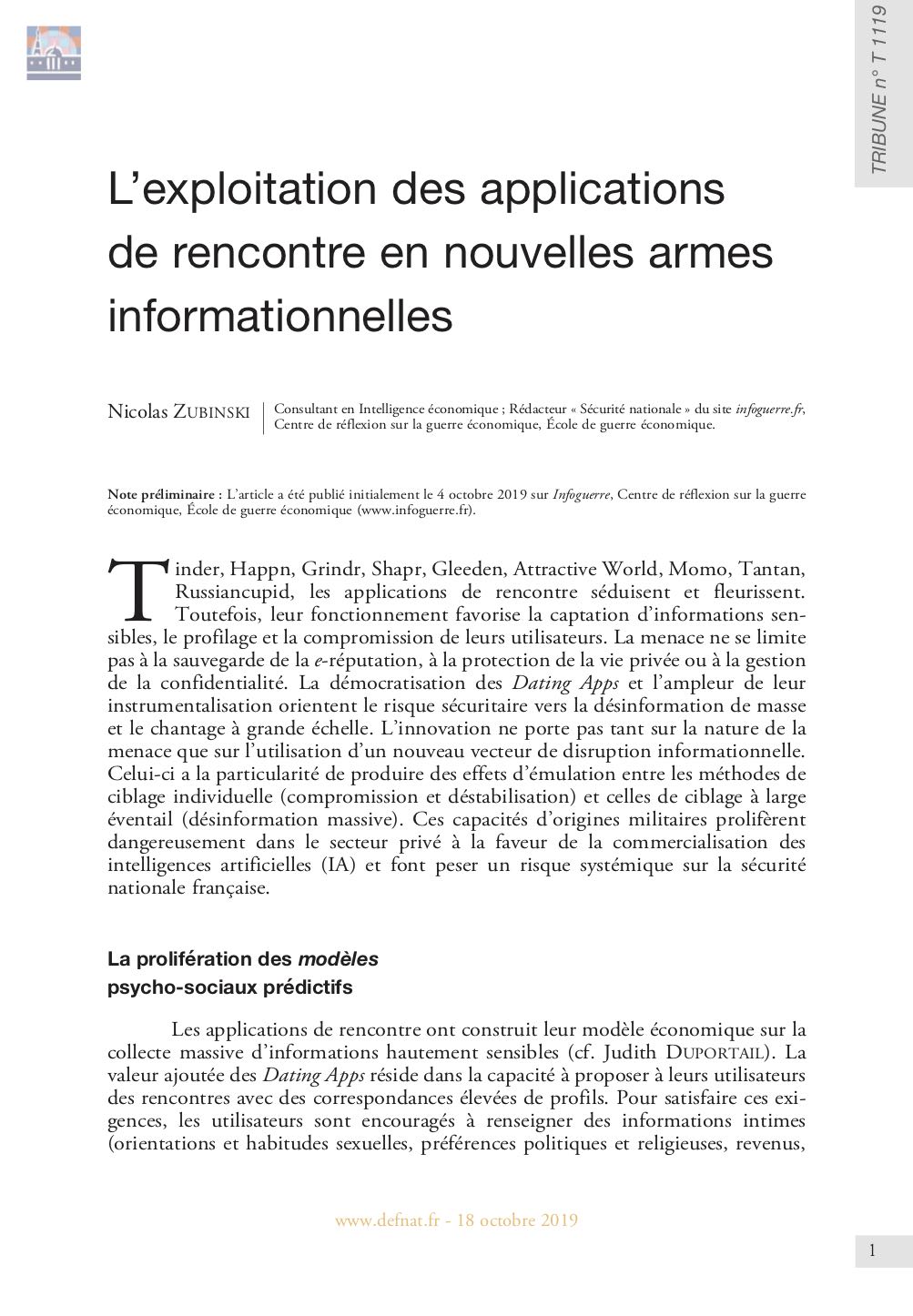 L’exploitation des applications de rencontre en nouvelles armes informationnelles (T 1119)
